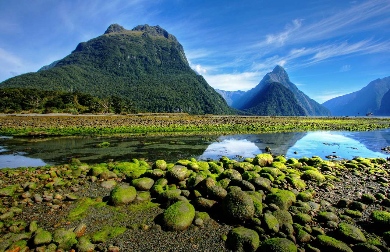 Mitre Peak i Nya Zeeland vid lågvatten Pussel online
