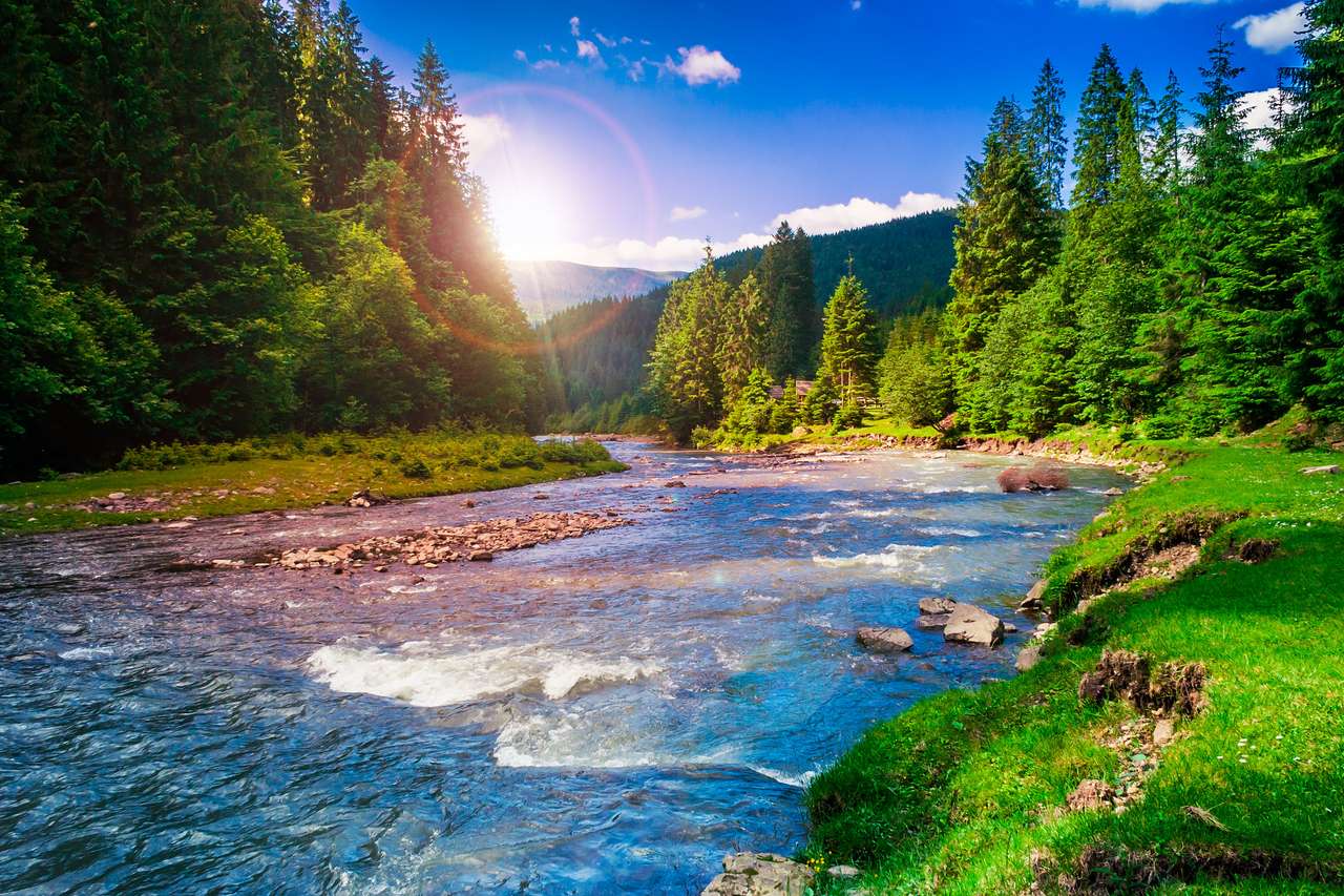 Fluss in der Nähe von Wald am Fuße des Berges Online-Puzzle vom Foto