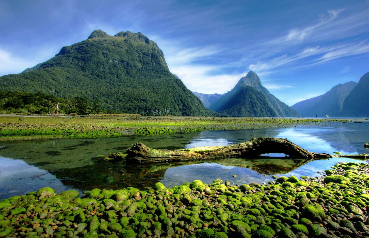 Mitre Peak i Nya Zeeland vid lågvatten Pussel online