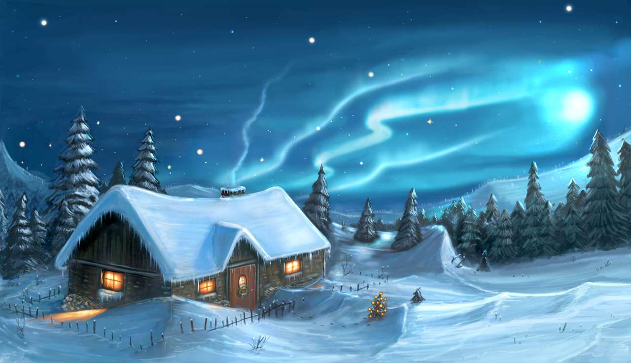 Pintura digital romántica de la cabaña de noche de invierno de Navidad de invierno cubierto de nieve en las montañas. rompecabezas en línea