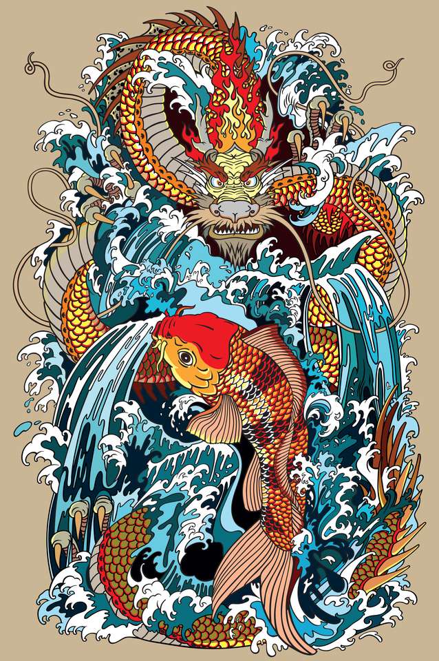 dragão dourado e carpa koi puzzle online a partir de fotografia