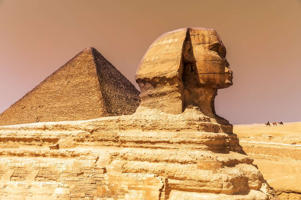 A Grande Esfinge e a Pirâmide de Quéops em Gizé, Egito. puzzle online a partir de fotografia