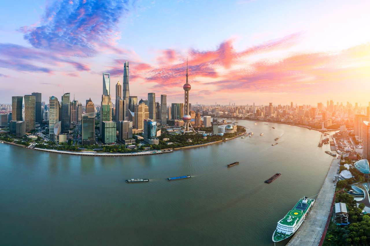 Skyline von Shanghai bei Sonnenuntergang, China Online-Puzzle