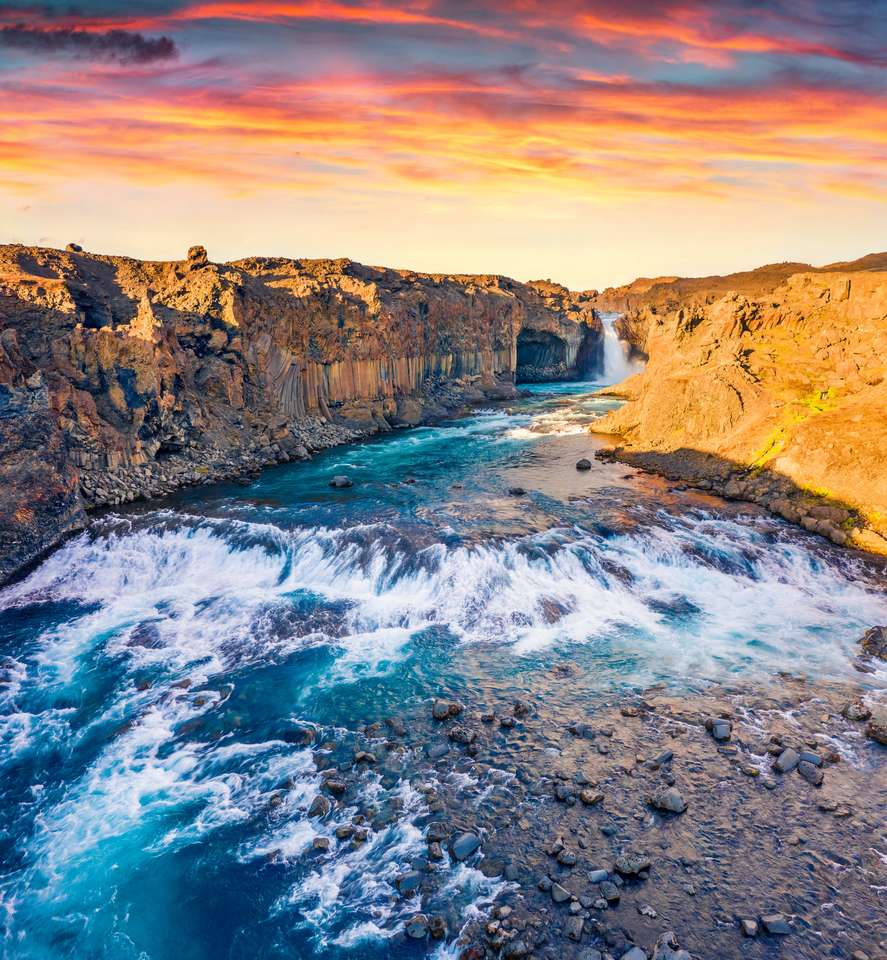 Summer sunset on Ingvararfoss waterfall puzzle online from photo
