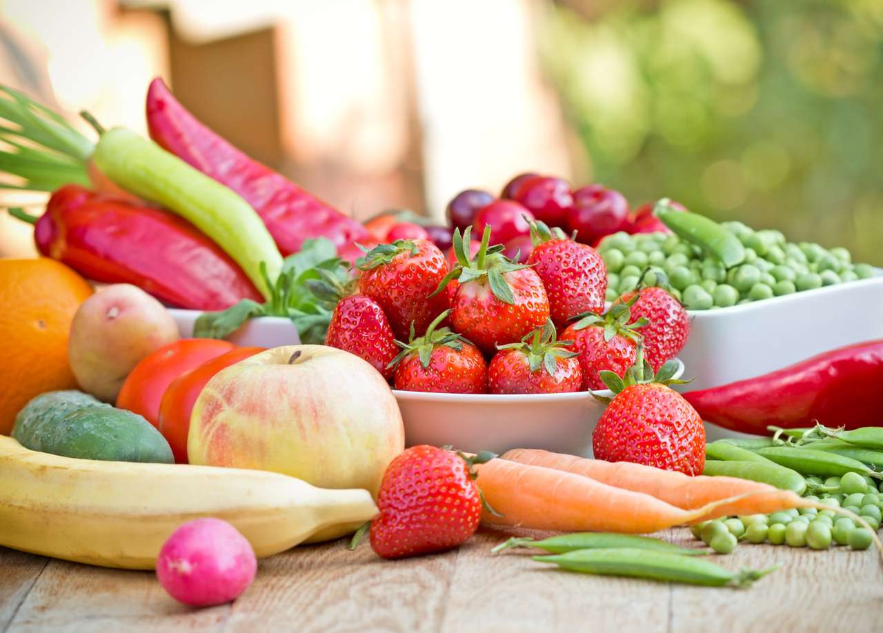 Fresh fruits and vegetables puzzle online from photo