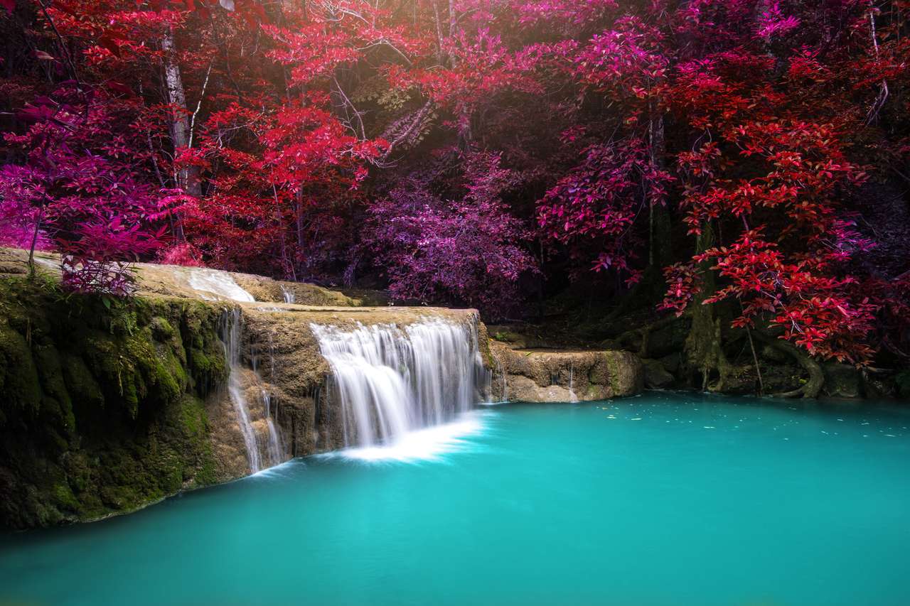 Waterfall in forest at Erawan National Park, Thailand puzzle online from photo