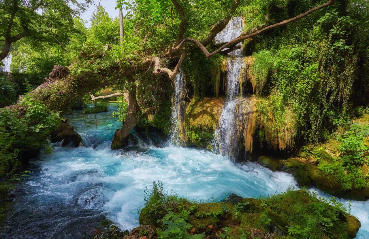 Hermoso bosque de cascada de piedra caliza con agua blanda rompecabezas en línea