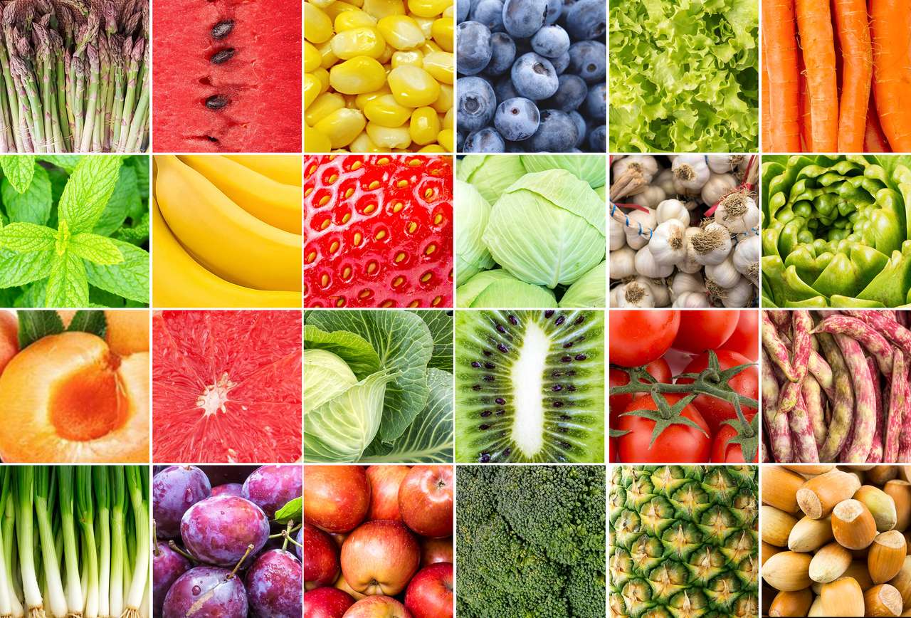 Fresh organic various vegetables and fruits collage puzzle online from photo