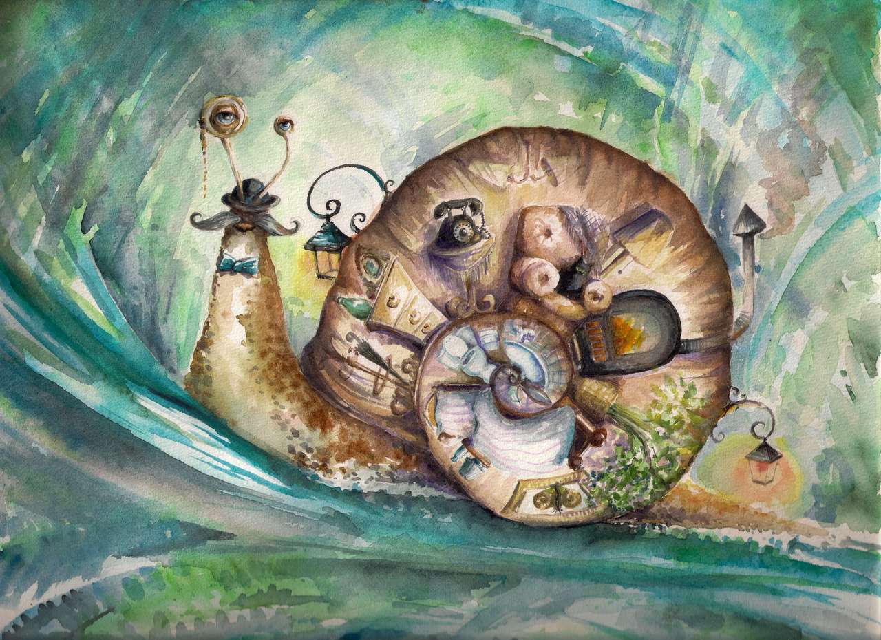 Escargot avec sa maison Picturecreated avec des aquarelles puzzle en ligne à partir d'une photo