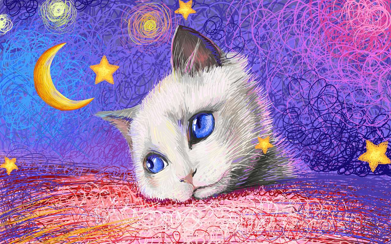 бяла котка глава на ярък фон със звезди онлайн пъзел