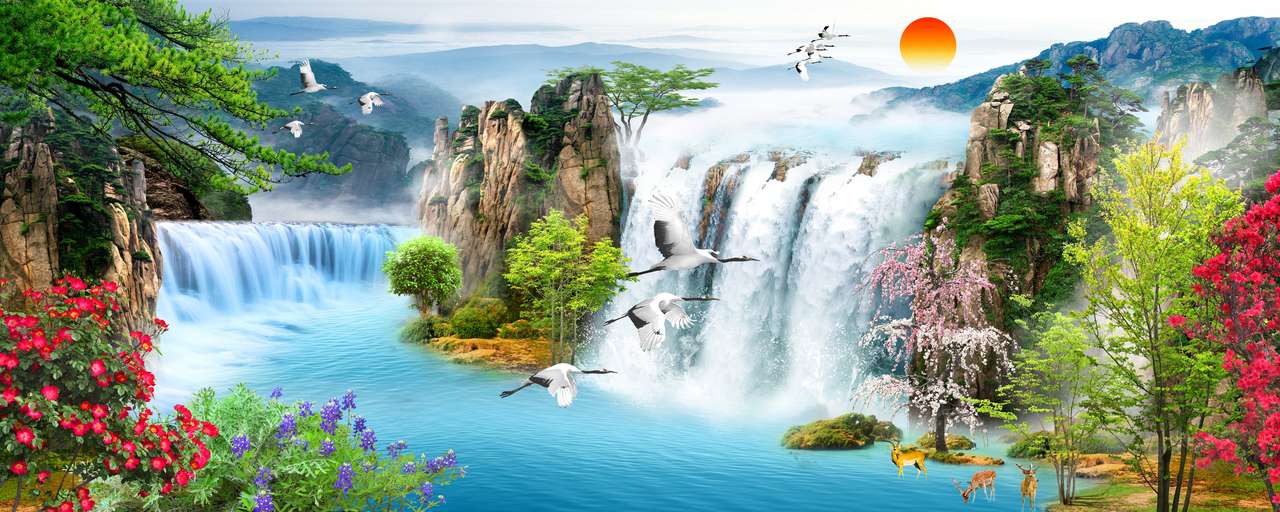 водопад, лес, горы, летящие птицы онлайн-пазл
