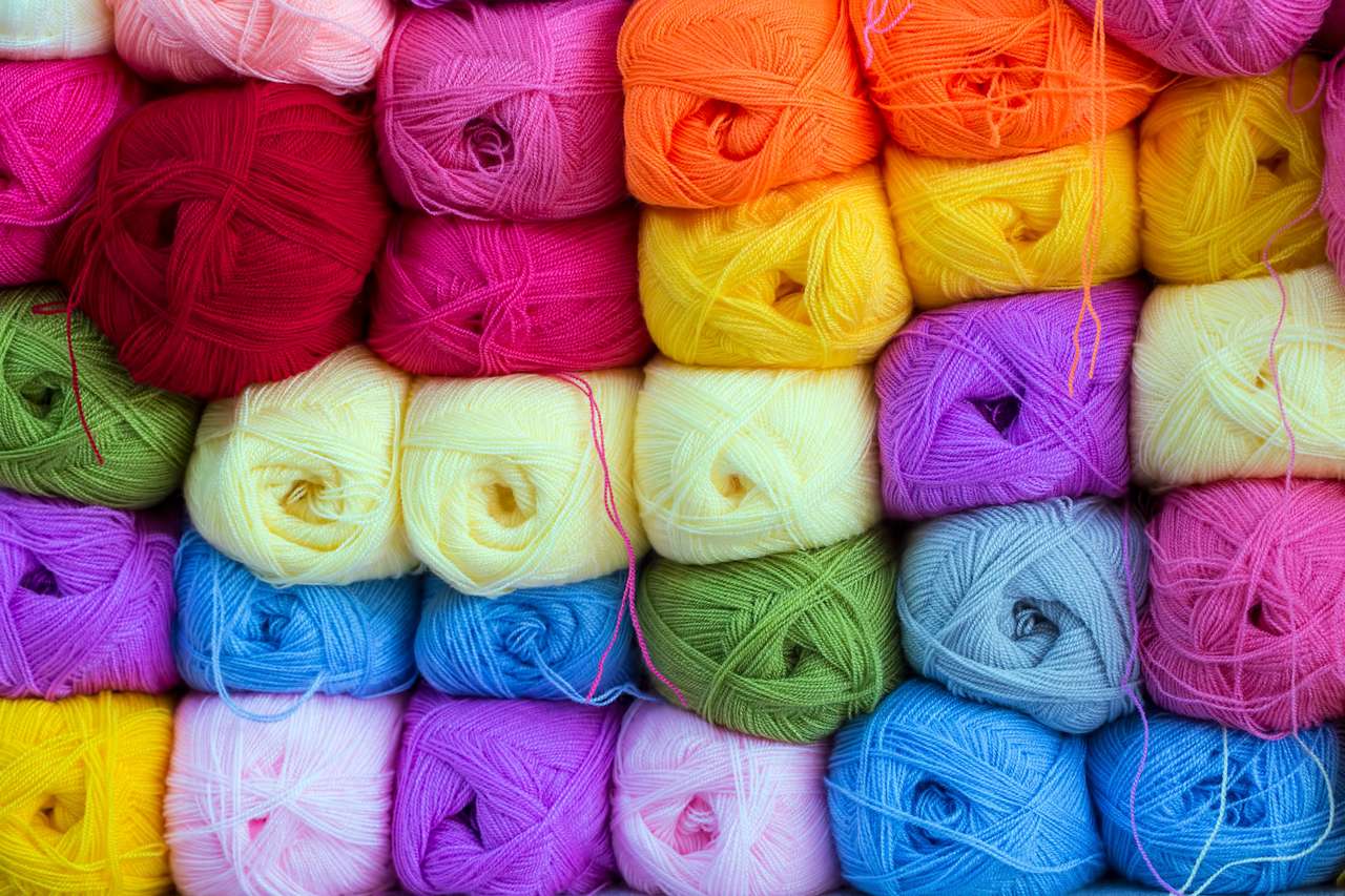 Primer plano de bolas de hilo de lana de colores como fondo rompecabezas en línea