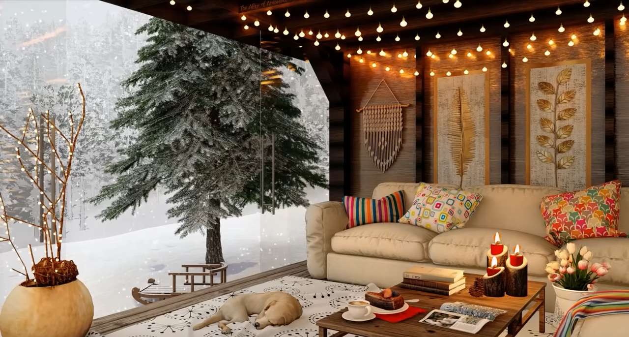 Gemütliches Zimmer, während der Schnee kommt Online-Puzzle vom Foto