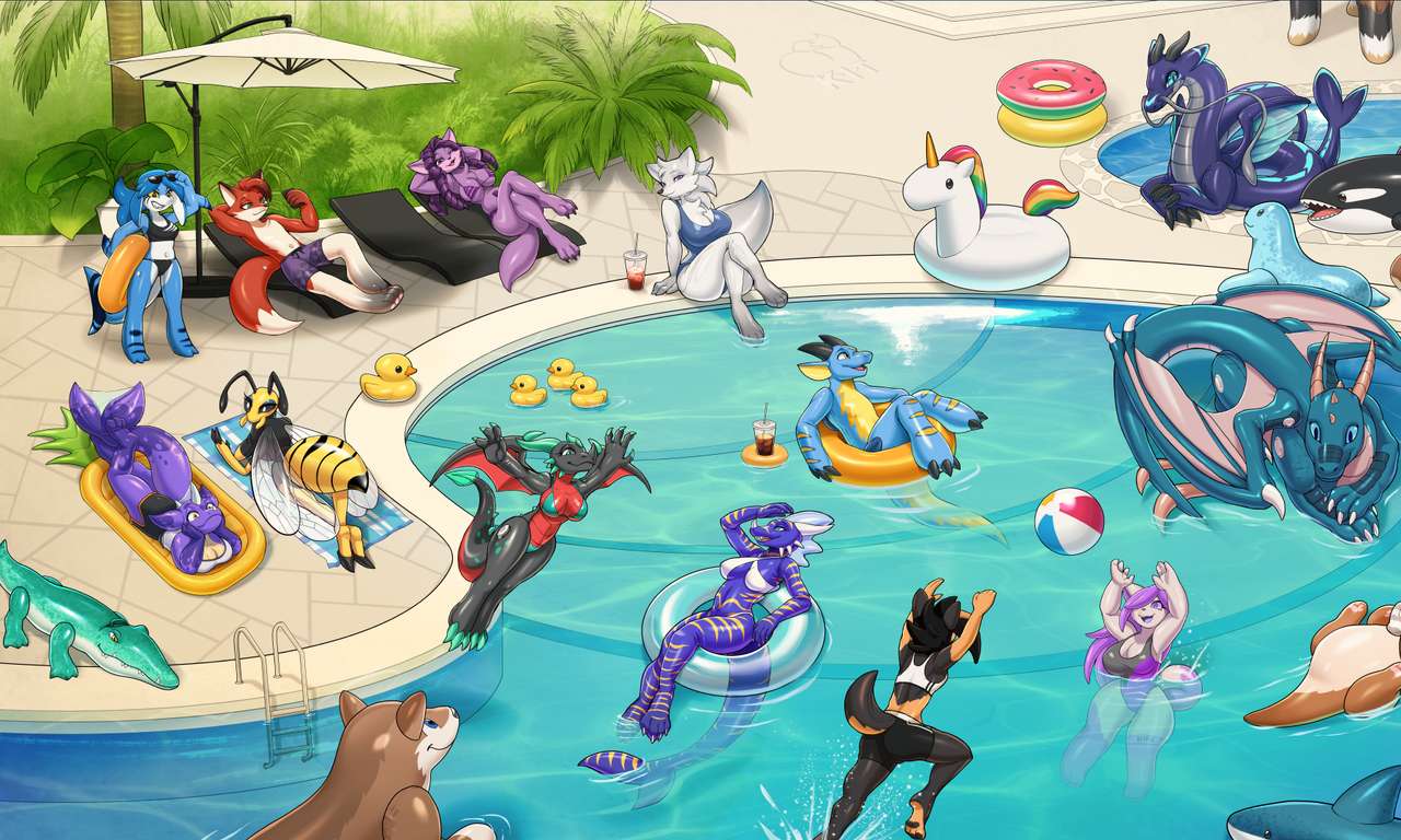 Festa na piscina peludo puzzle online a partir de fotografia