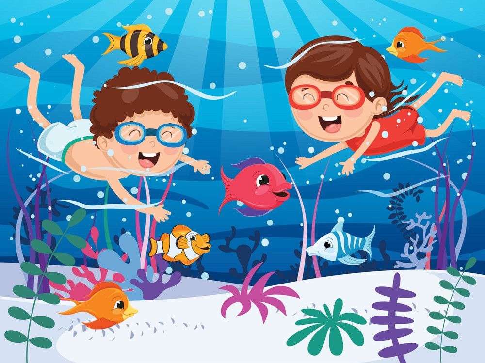 Kids swimming under water puzzle online from photo