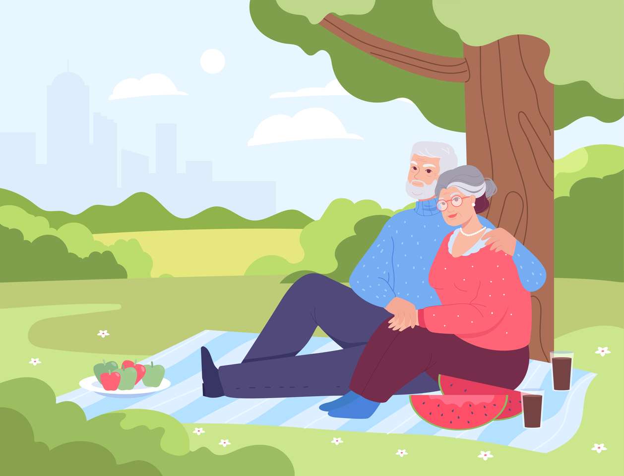 Anciano y mujer picnic bajo el árbol rompecabezas en línea