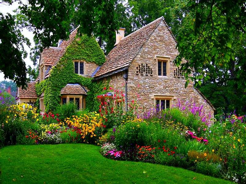 Cottage mit Blumen und Bäumen Online-Puzzle vom Foto
