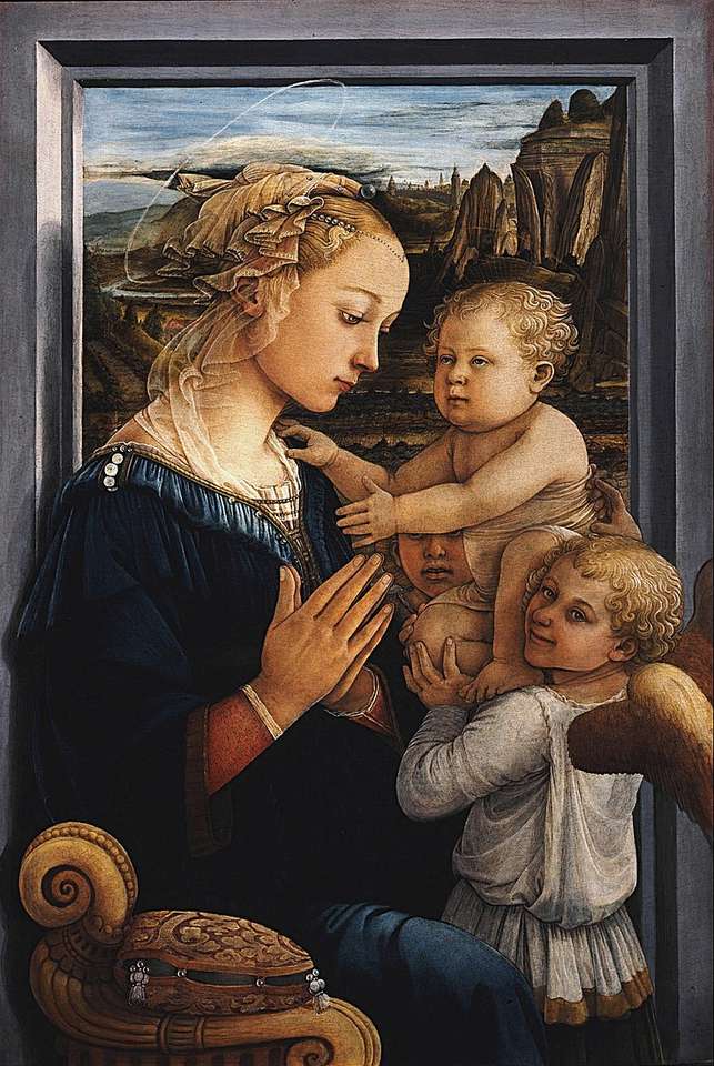Мадонна с младенцем и двумя ангелами онлайн-пазл