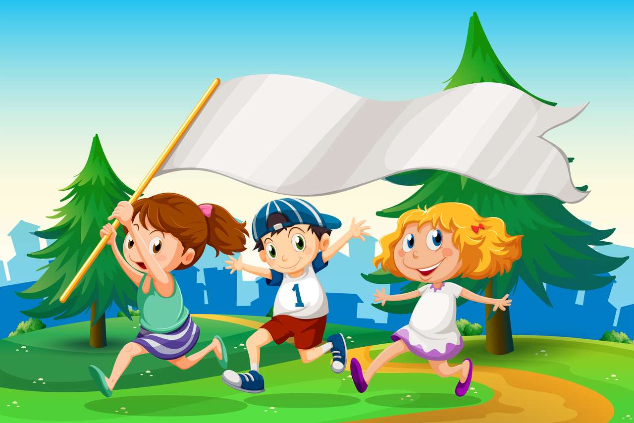деца, тичащи със знамето онлайн пъзел от снимка