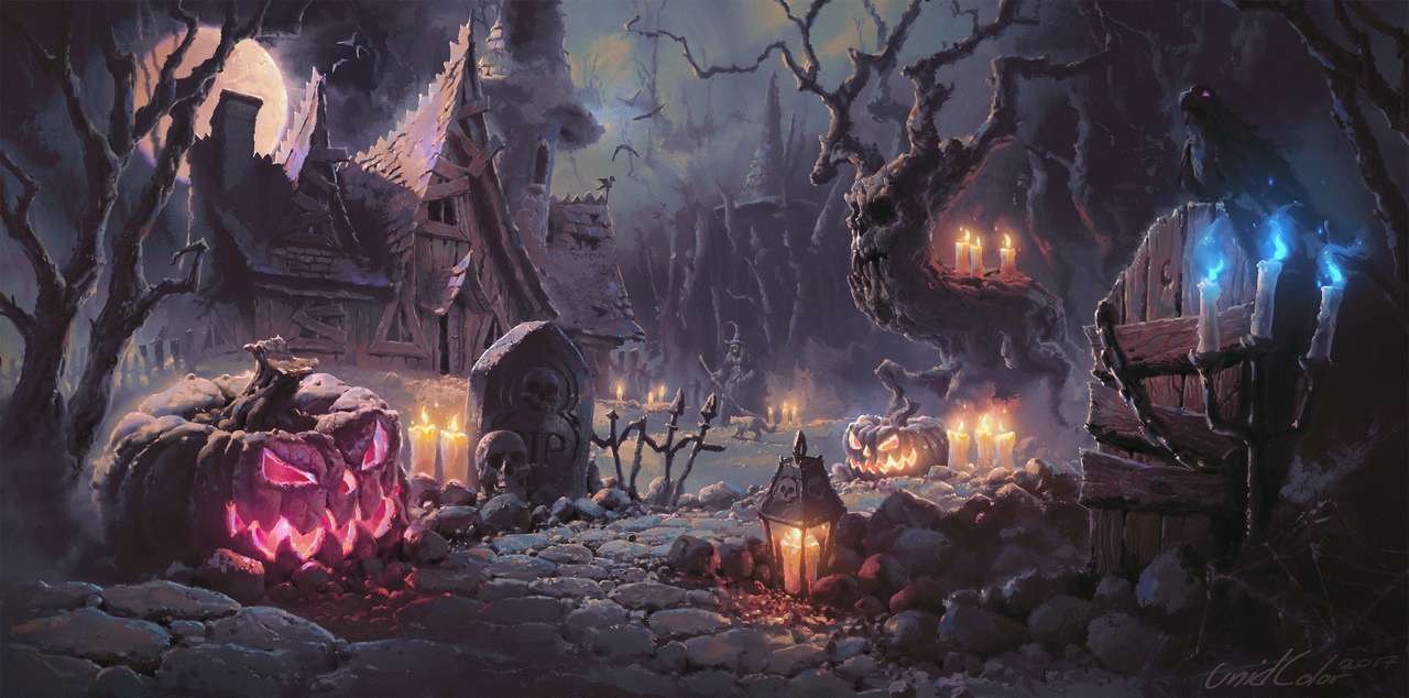 Paisaje de Halloween con calabazas y velas puzzle online a partir de foto