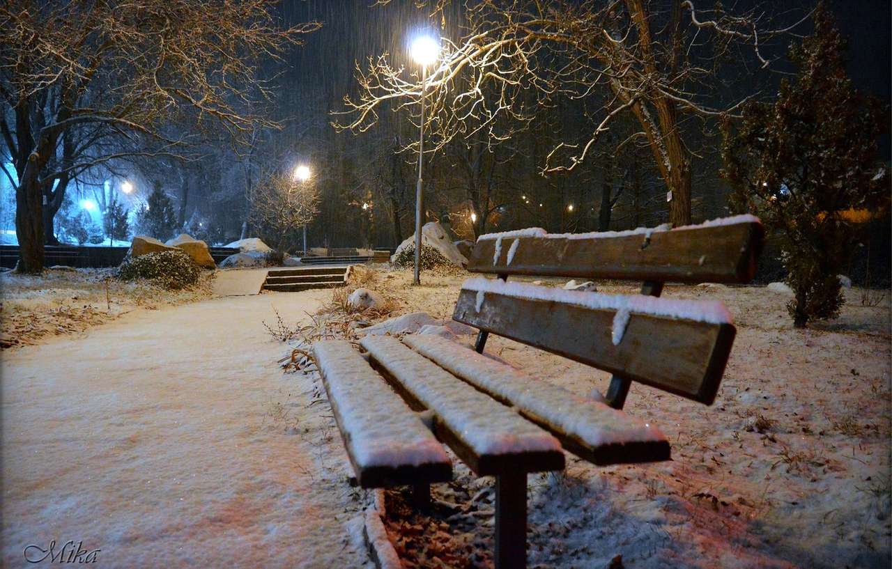 Зимна нощна пейка онлайн пъзел от снимка