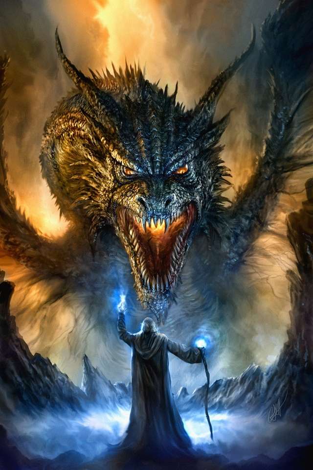 Чарівник синій, дракон чорний скласти пазл онлайн з фото