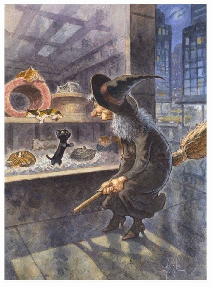 Eine Hexe schaut zum Fenster Online-Puzzle vom Foto