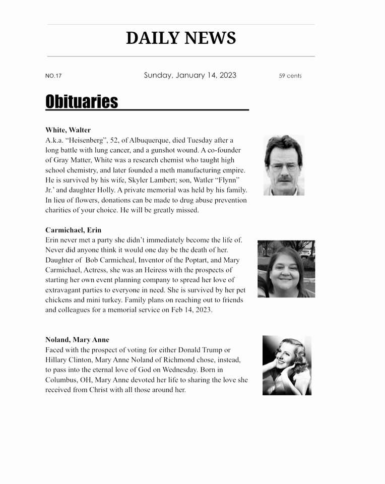 Daily News 01/14/2023 Obituary Section online puzzle