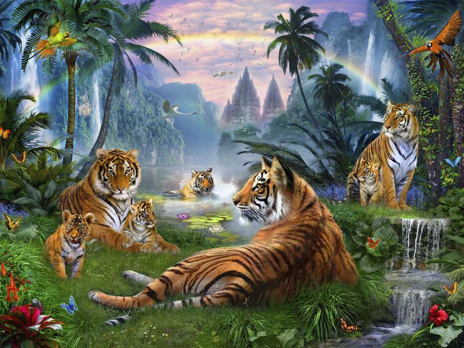 Tigres estão à beira do lago puzzle online a partir de fotografia