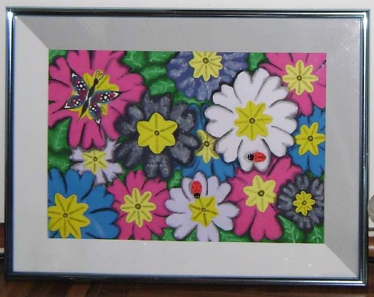 målade med blommor, fjäril och nyckelpigor Pussel online