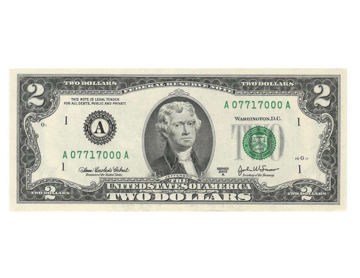Банкнота от 2 долара онлайн пъзел