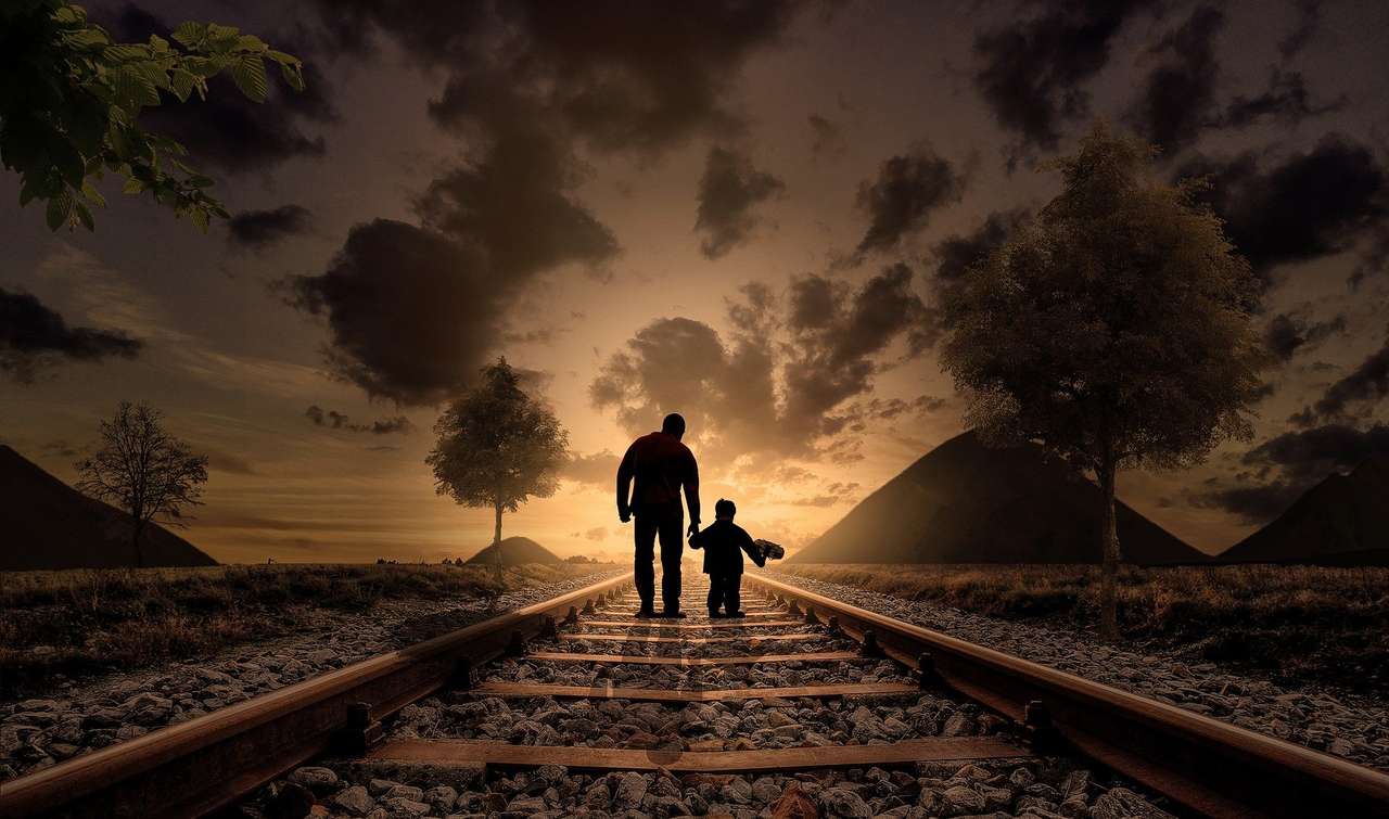 pôr do sol pai e filho puzzle online a partir de fotografia