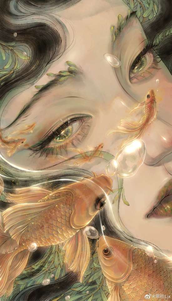 илюстрация момиче с риби онлайн пъзел от снимка