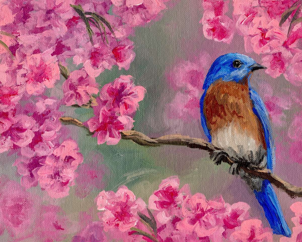 Bluebird άνθη κερασιάς παζλ online από φωτογραφία