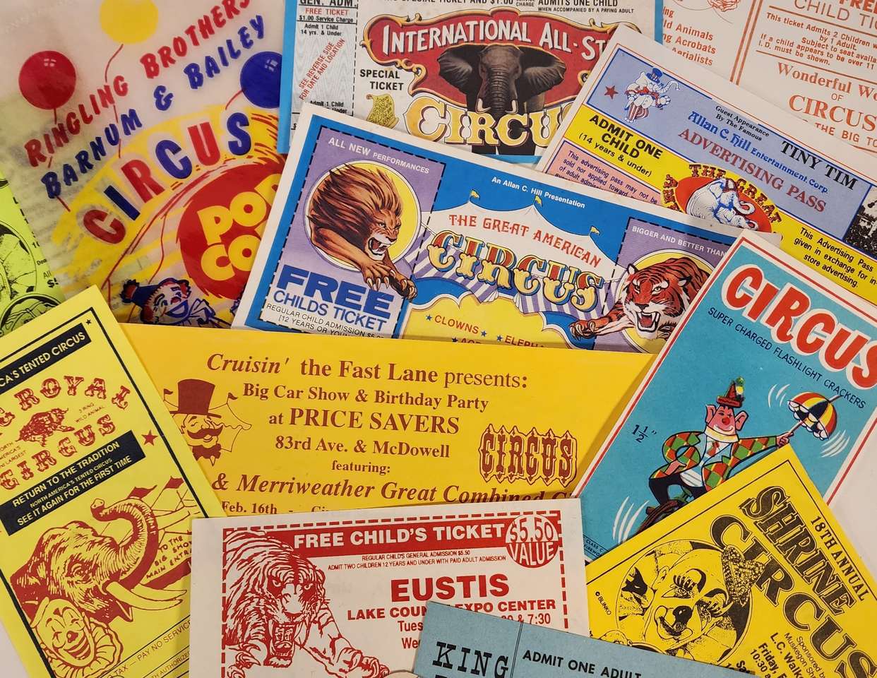 Colorful circus tickets puzzle online from photo