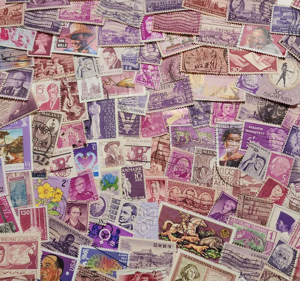 fialové poštovní známky puzzle online z fotografie