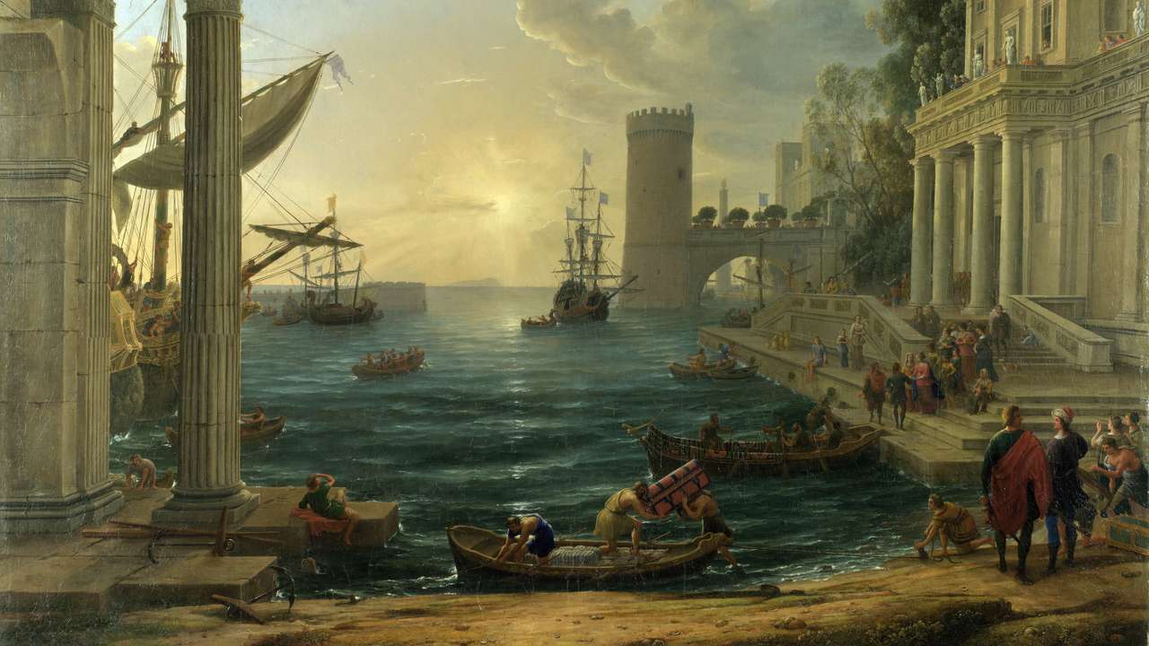 Seehafen mit der Einschiffung der Königin von Saba Online-Puzzle