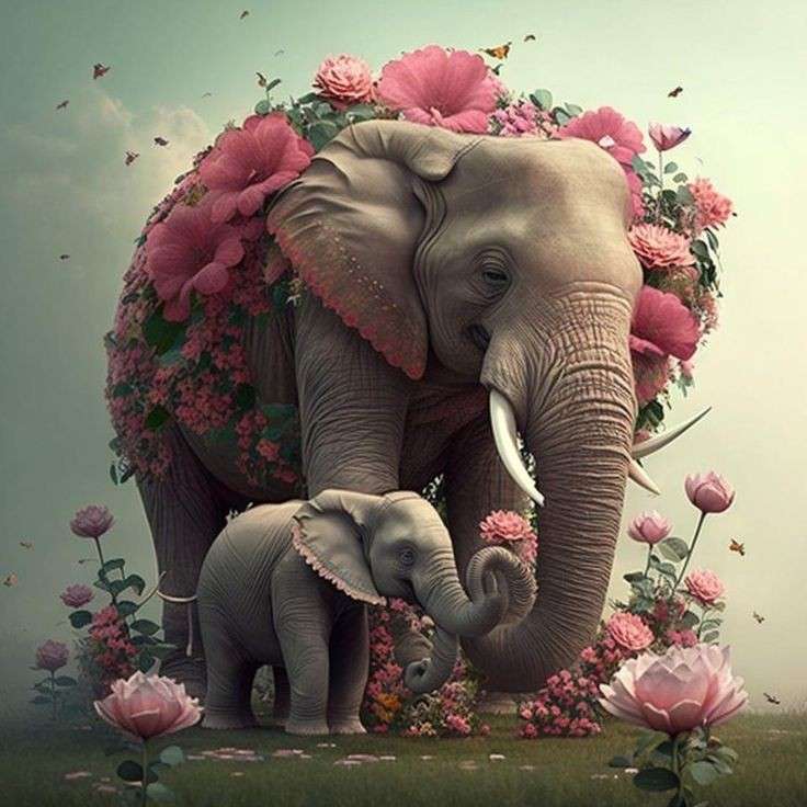 Elefant och blommor pussel online från foto