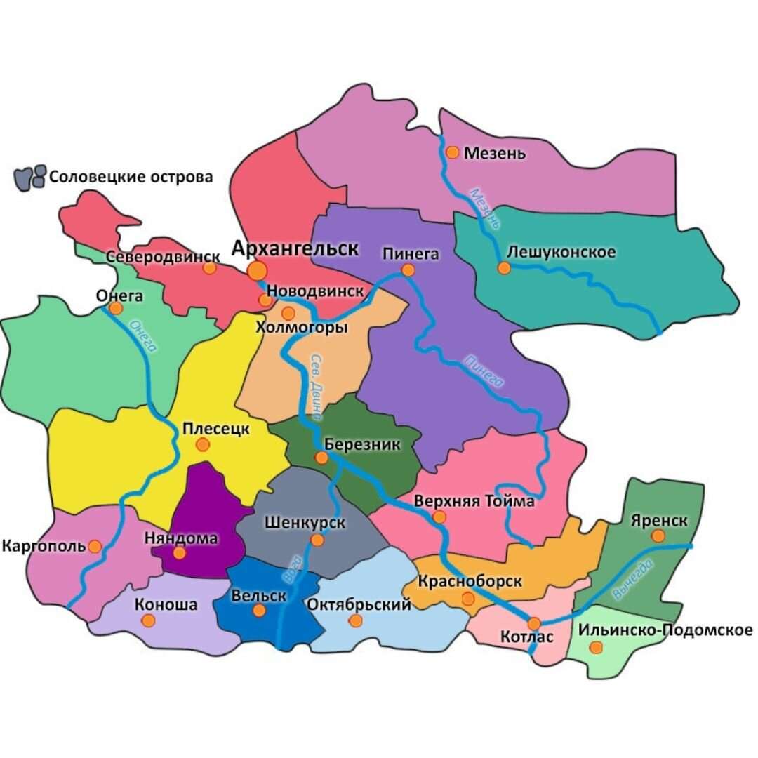 Карта Архангельської області онлайн пазл