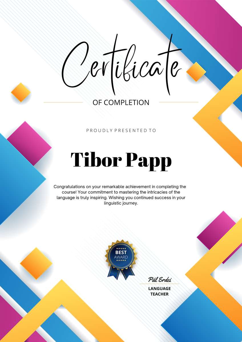 Сертификат на Тибор Пап онлайн пъзел от снимка