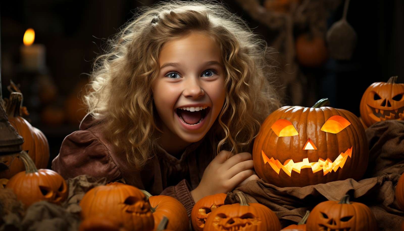 Little girl with scary pumpkins online puzzle