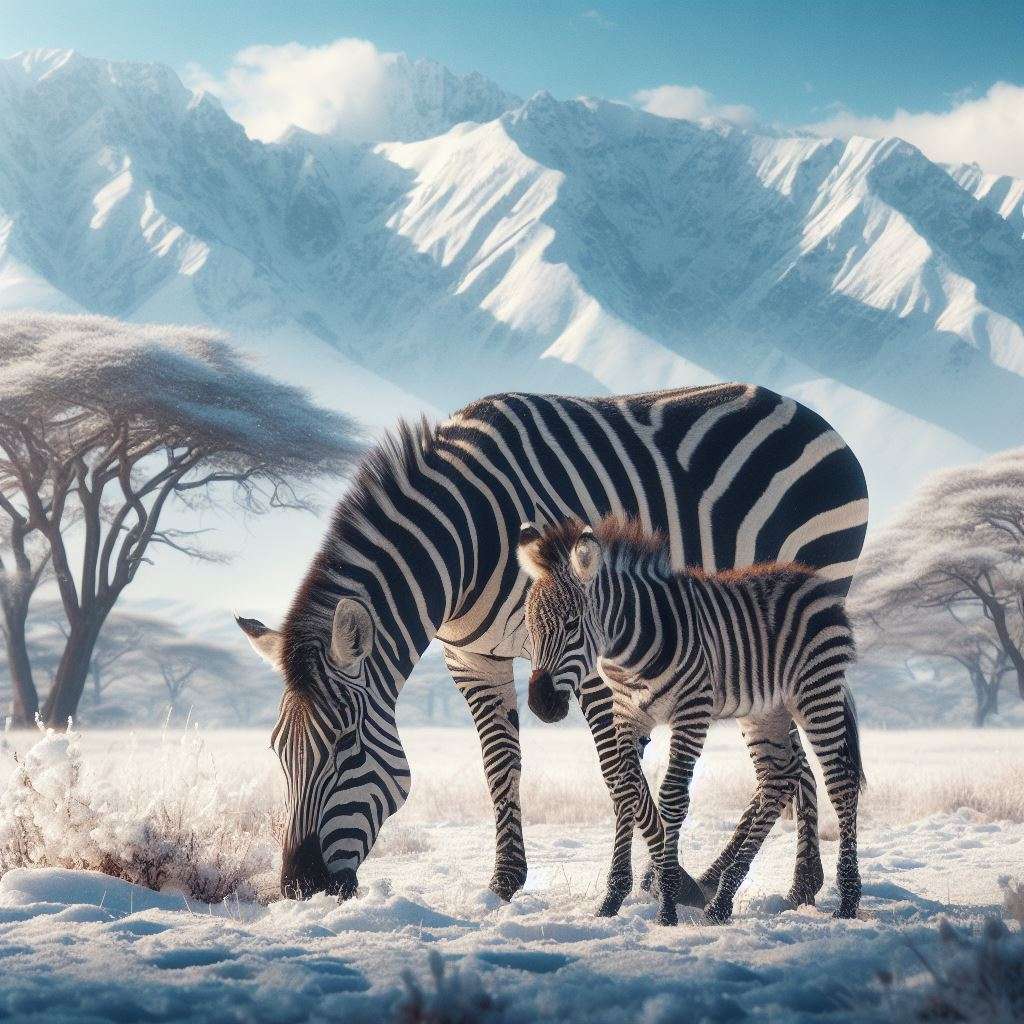 Zebra med föl i snöig savann pussel online från foto