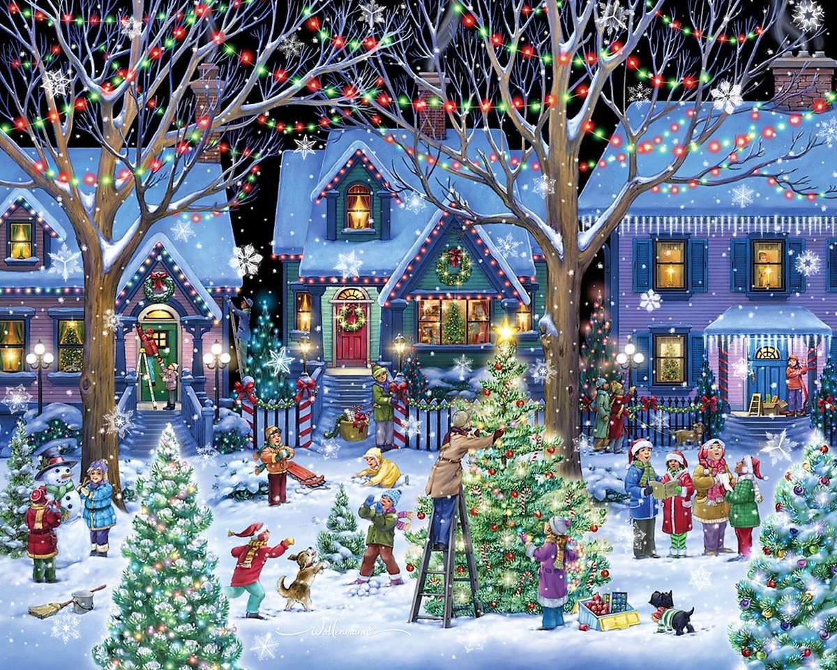 decorando árvores de natal no inverno puzzle online