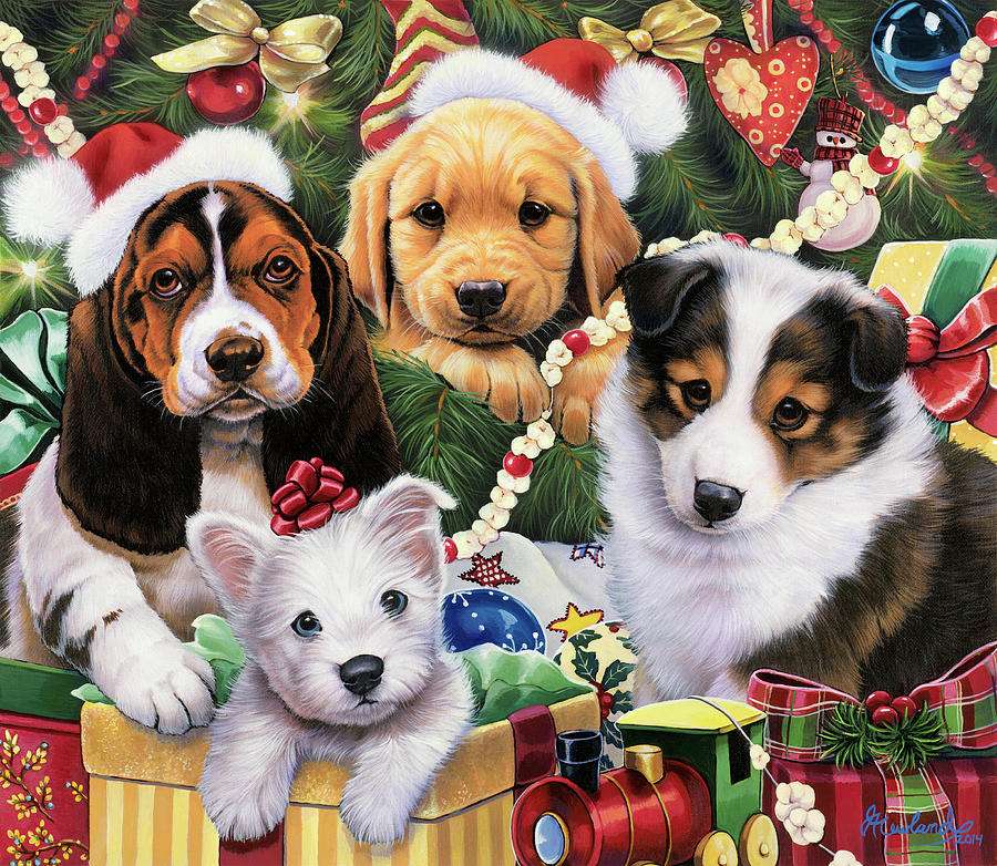 Σκύλοι γύρω από το χριστουγεννιάτικο δέντρο online παζλ