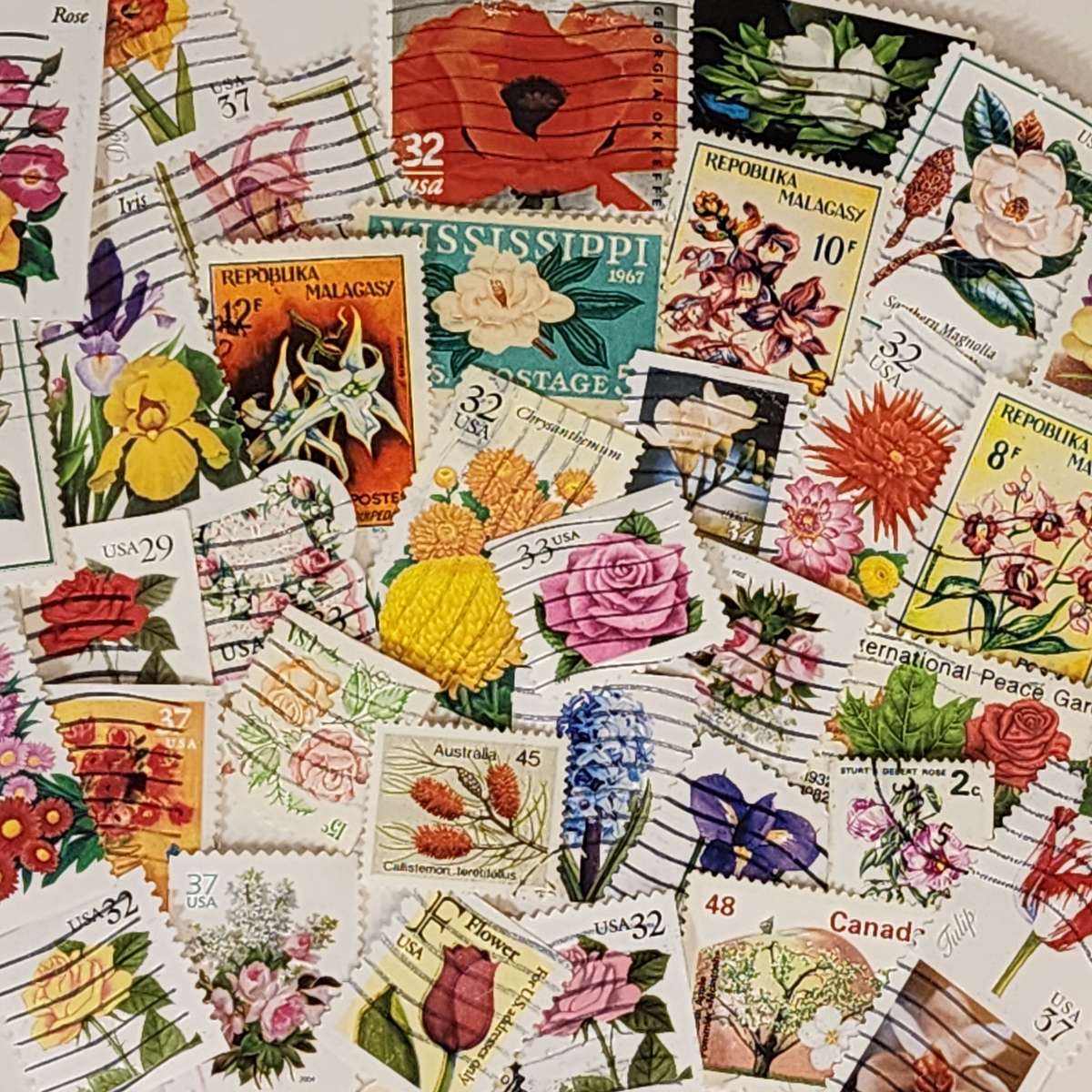 flower postage stamp collage online puzzle