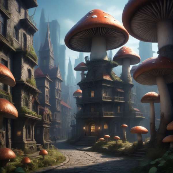 Fantasy Urban Mushroom City pussel online från foto