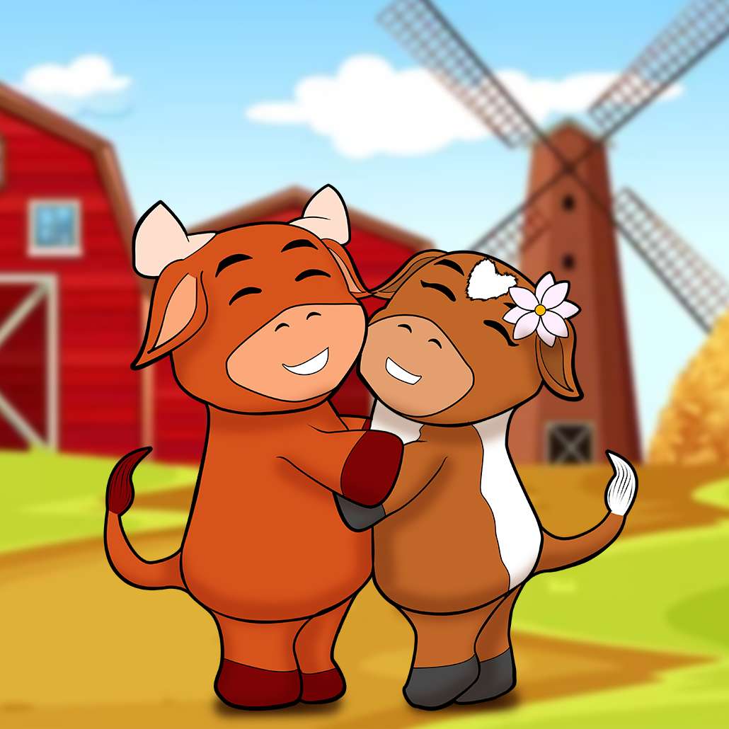 Joules, o boi, e Jules, a vaca, abraçados puzzle online a partir de fotografia