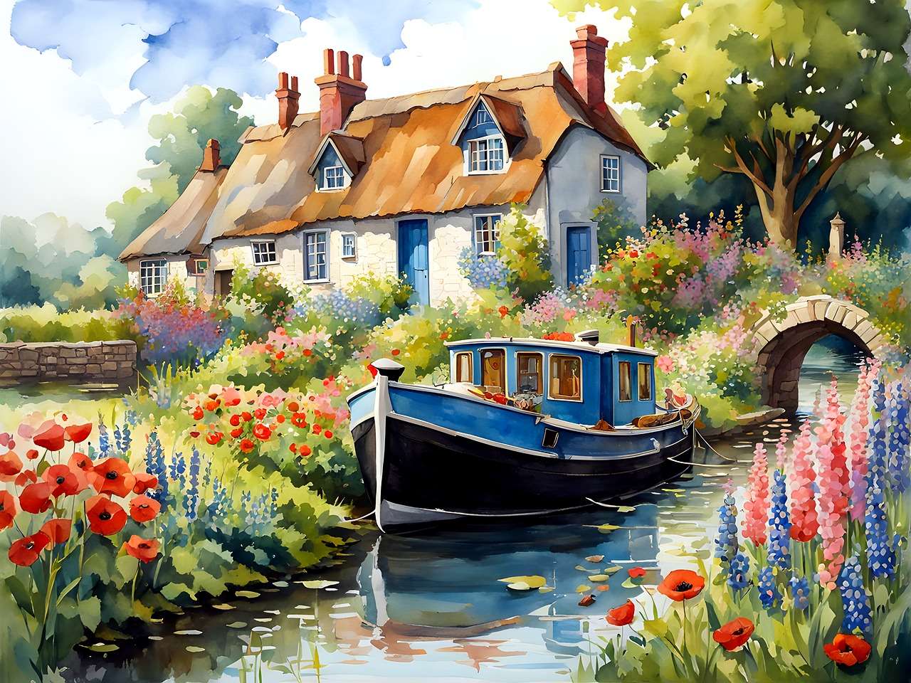 Thatched roof house on the canal puzzle online from photo