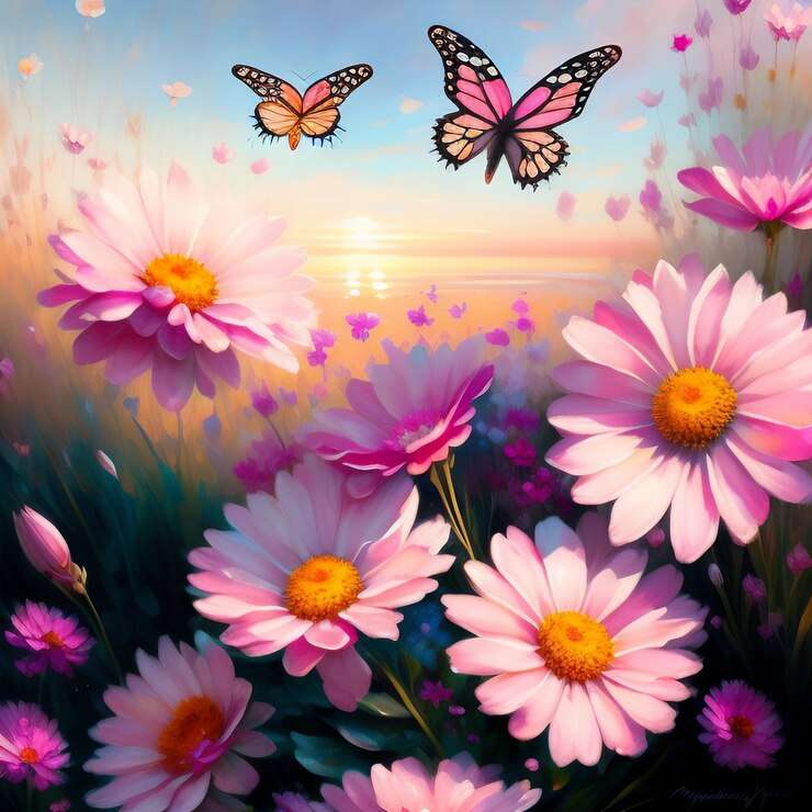 ζωγραφική με λουλούδια και πεταλούδα παζλ online από φωτογραφία