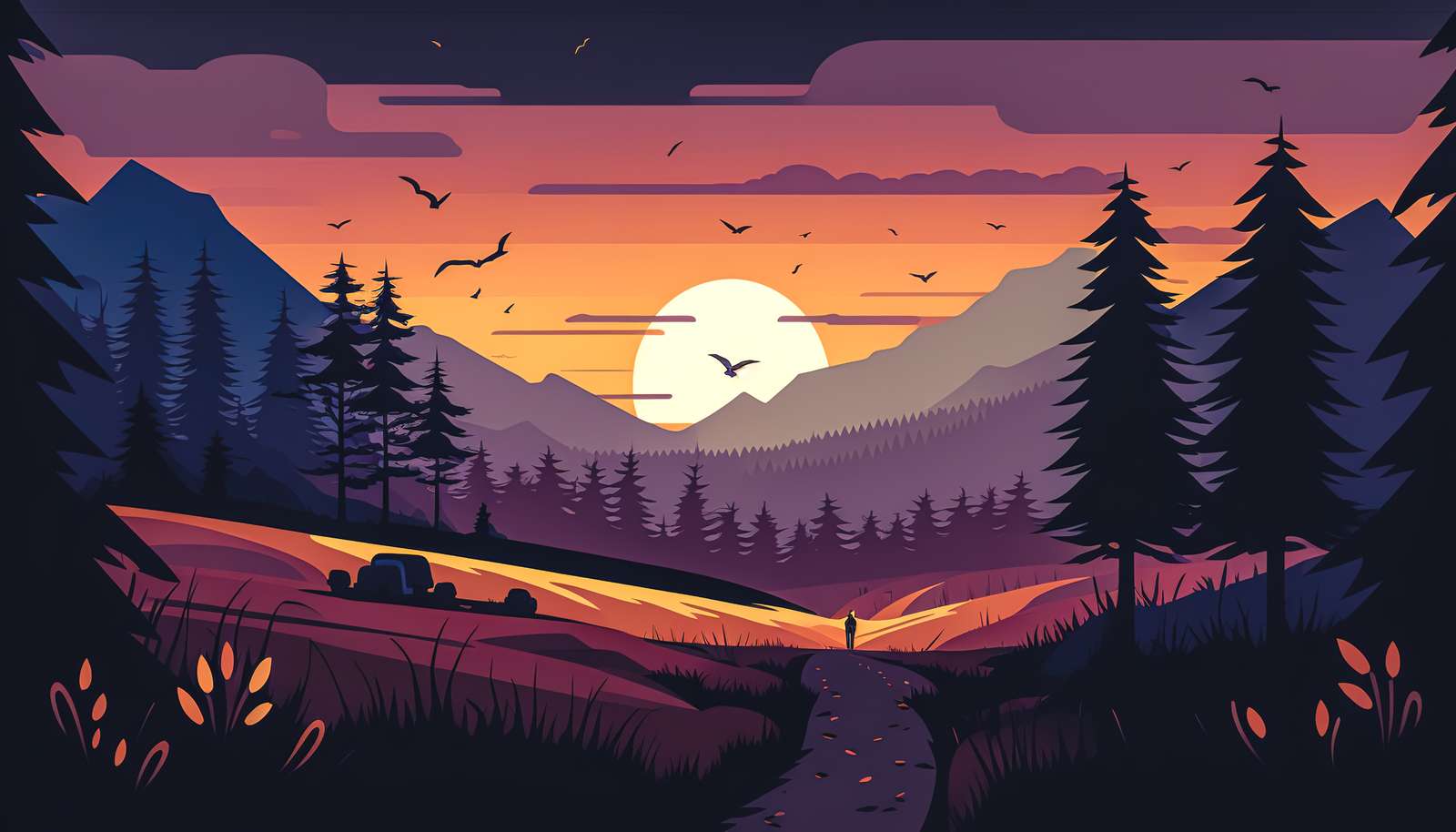 Sunset and silhouettes of trees in the mountains puzzle online from photo